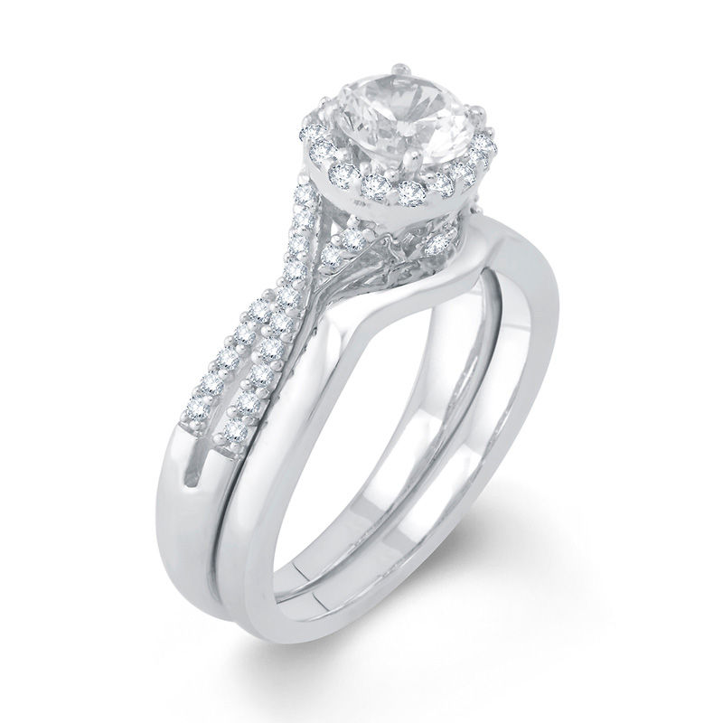 Main Image 2 of Previously Owned - 6.0mm Lab-Created White Sapphire Frame Bridal Set in Sterling Silver