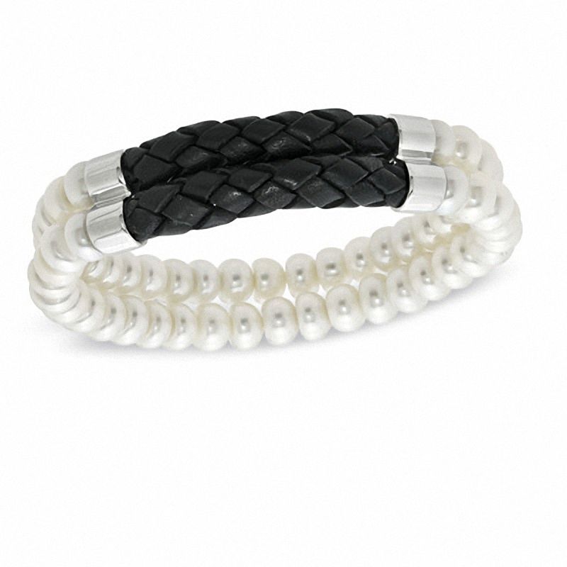 Main Image 1 of Previously Owned-Honora 7.0-7.5mm Freshwater Cultured Pearl and Black Braided Leather Double Strand Bracelet-7.5"