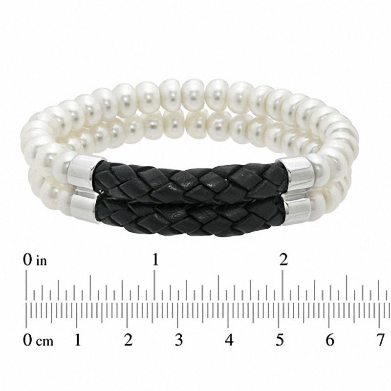 Main Image 2 of Previously Owned-Honora 7.0-7.5mm Freshwater Cultured Pearl and Black Braided Leather Double Strand Bracelet-7.5"