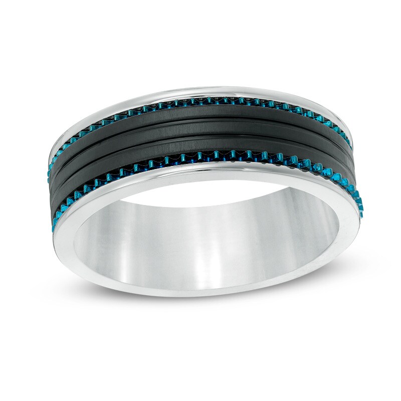 Main Image 1 of Previously Owned - 8.0mm Rivet and Groove Wedding Band in Blue and Black IP Stainless Steel