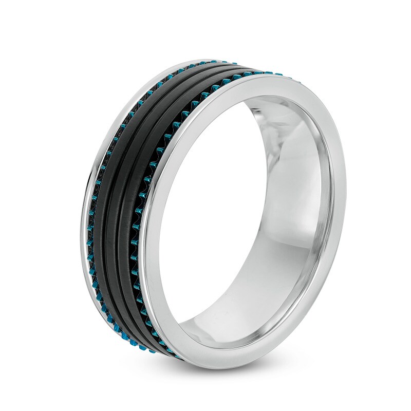 Main Image 2 of Previously Owned - 8.0mm Rivet and Groove Wedding Band in Blue and Black IP Stainless Steel