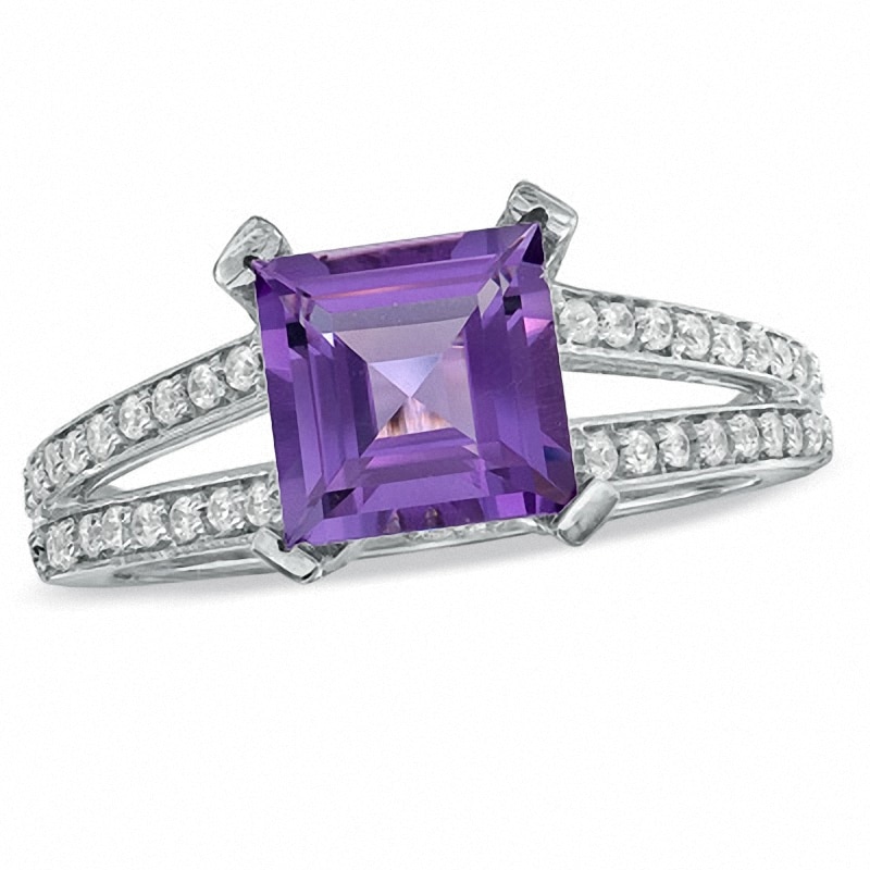 Main Image 1 of Previously Owned - Princess-Cut Amethyst and 1/4 CT. T.W. Diamond Engagement Ring in 10K White Gold
