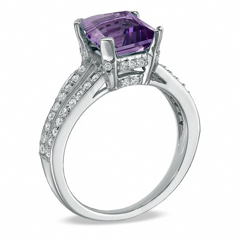 Main Image 2 of Previously Owned - Princess-Cut Amethyst and 1/4 CT. T.W. Diamond Engagement Ring in 10K White Gold