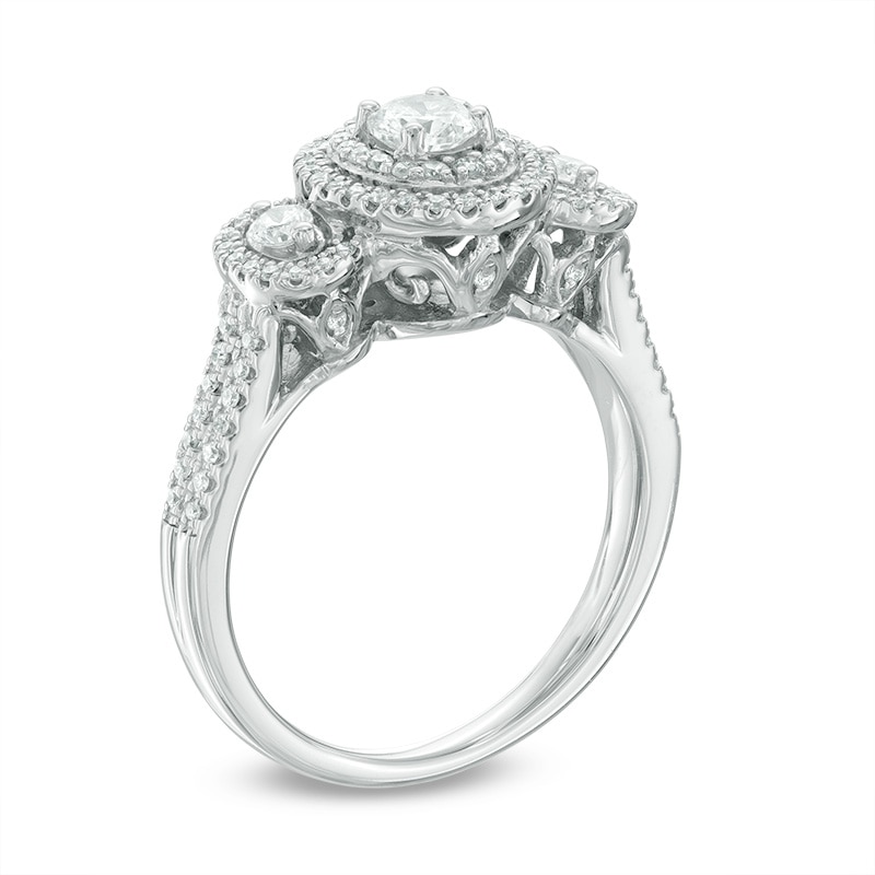 Main Image 2 of Previously Owned - 3/4 CT. T.W. Diamond Oval Frame Past Present Future® Ring in 14K White Gold