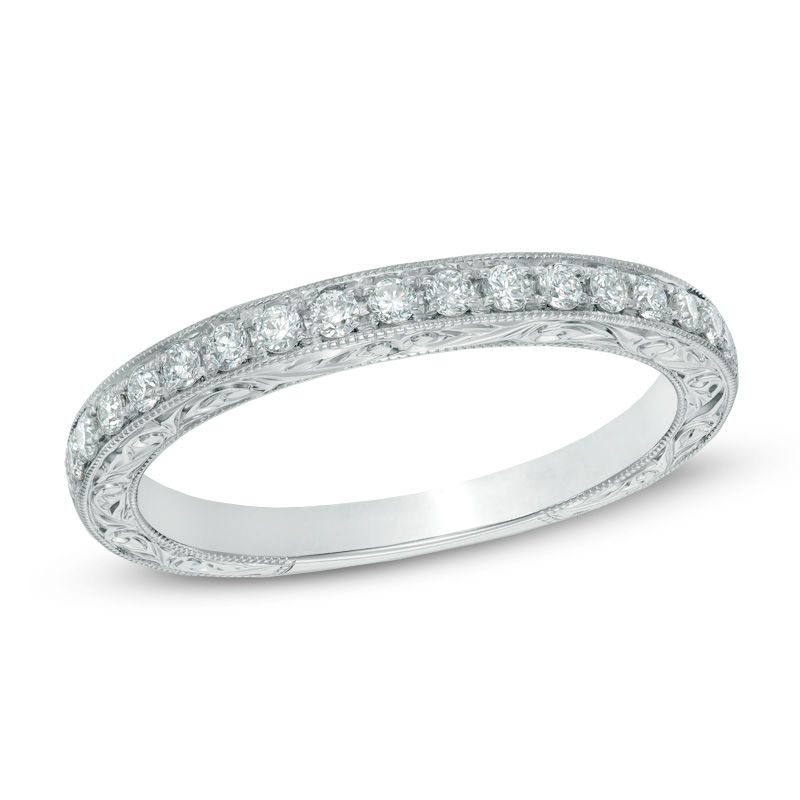 Previously Owned - 1/4 CT. T.W. Certified Diamond Vintage-Style Wedding Band in 14K White Gold (I/SI2)