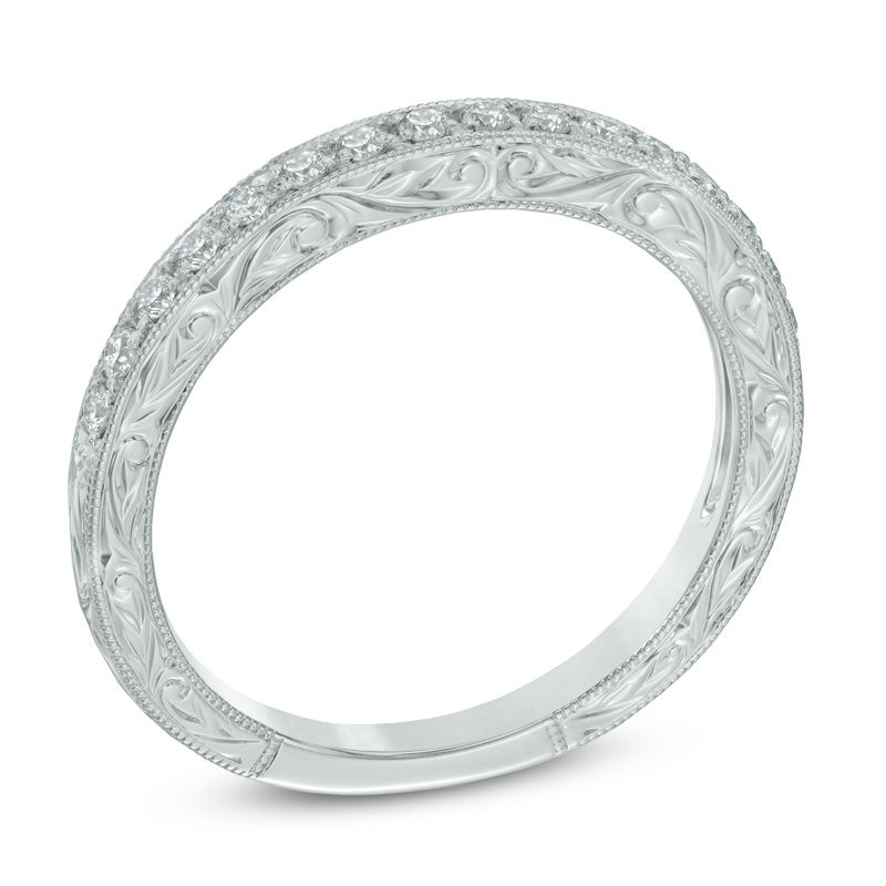 Previously Owned - 1/4 CT. T.W. Certified Diamond Vintage-Style Wedding Band in 14K White Gold (I/SI2)