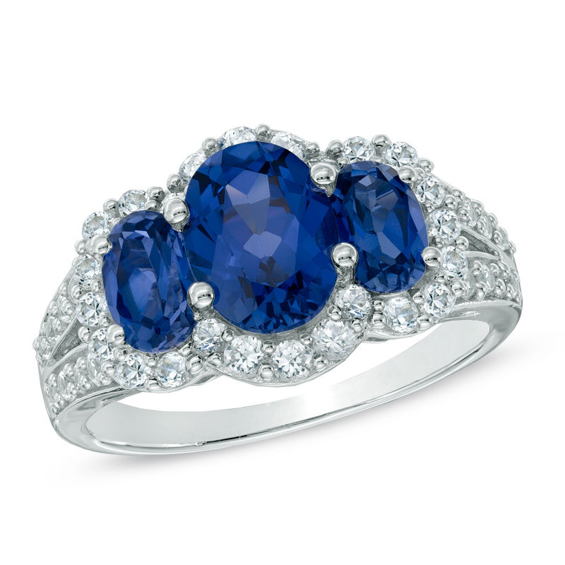 Main Image 1 of Previously Owned - Oval Lab-Created Blue and White Sapphire Three Stone Ring in Sterling Silver