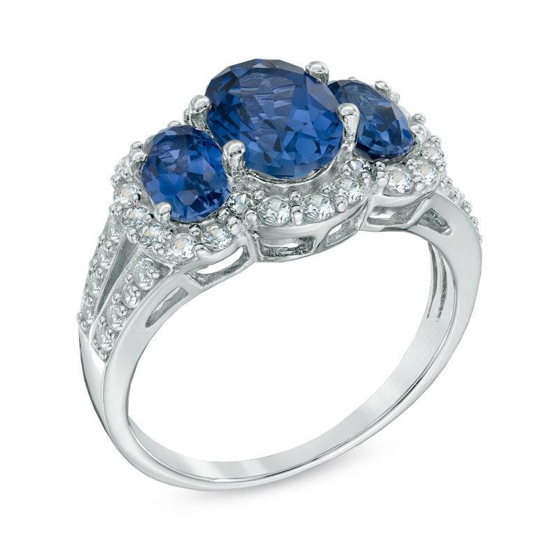 Main Image 2 of Previously Owned - Oval Lab-Created Blue and White Sapphire Three Stone Ring in Sterling Silver