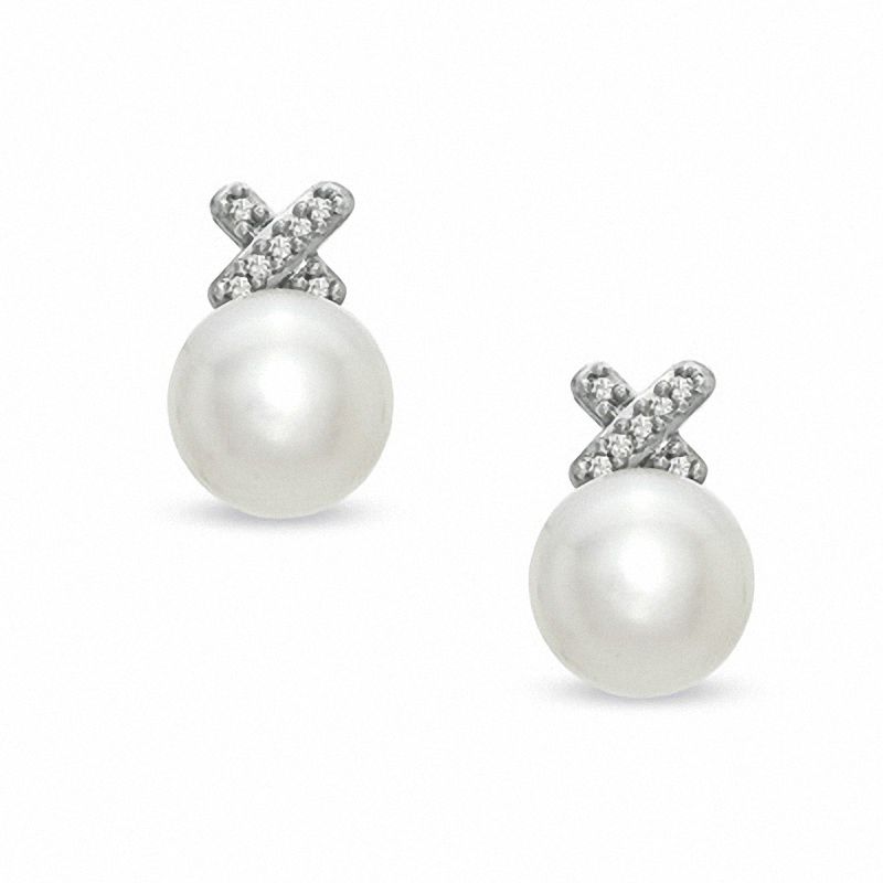 Main Image 1 of Previously Owned-Honora 7.0-7.5mm Freshwater Cultured Pearl and Diamond Accent "X" Earrings in Sterling Silver