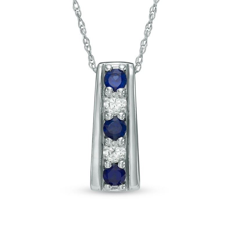 Main Image 1 of Previously Owned - Lab-Created Blue and White Sapphire Linear Five Stone Pendant in 10K White Gold