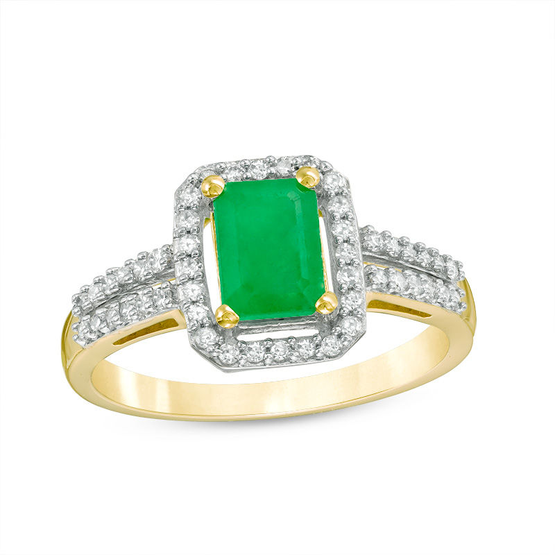 Previously Owned - Emerald-Cut Emerald and 1/4 CT. T.W. Diamond Frame Ring in 10K Gold