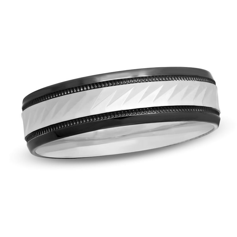 Previously Owned - Men's 6.0mm Diamond-Cut Wedding Band in 10K White Gold with Black Rhodium