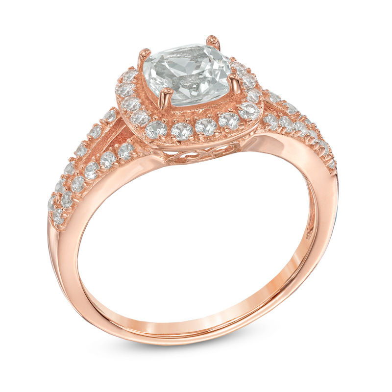 Main Image 2 of Previously Owned - 6.0mm Cushion-Cut Lab-Created White Sapphire Frame Ring in Sterling Silver with 14K Rose Gold Plate