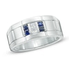 Thumbnail Image 1 of Previously Owned - Square-Cut Blue Sapphire and 1/10 CT. T.W. Diamond Comfort Fit Wedding Band in Sterling Silver