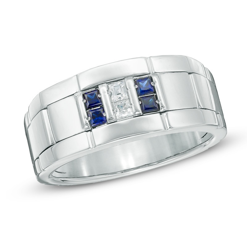 Main Image 1 of Previously Owned - Square-Cut Blue Sapphire and 1/10 CT. T.W. Diamond Comfort Fit Wedding Band in Sterling Silver