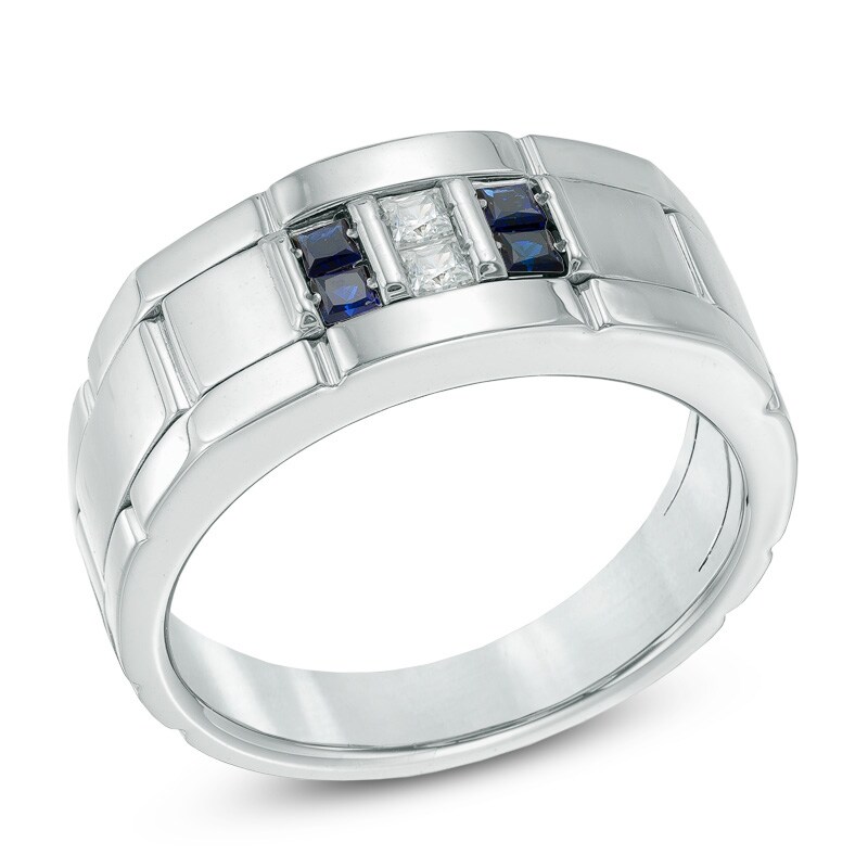 Main Image 2 of Previously Owned - Square-Cut Blue Sapphire and 1/10 CT. T.W. Diamond Comfort Fit Wedding Band in Sterling Silver