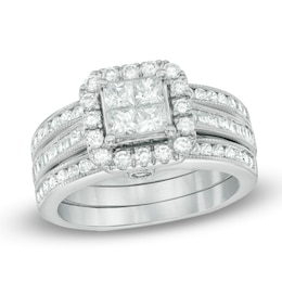 Previously Owned - 1-1/2 CT. T.W. Quad Princess-Cut Diamond Frame Bridal Set in 14K White Gold