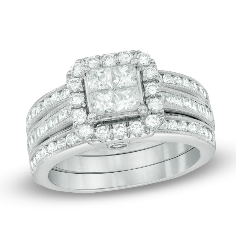 Main Image 1 of Previously Owned - 1-1/2 CT. T.W. Quad Princess-Cut Diamond Frame Bridal Set in 14K White Gold