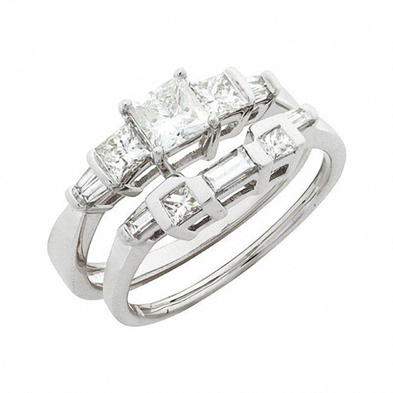 Main Image 1 of Previously Owned - 1 CT. T.W. Princess-Cut and Baguette Diamond Bridal Set in 14K White Gold
