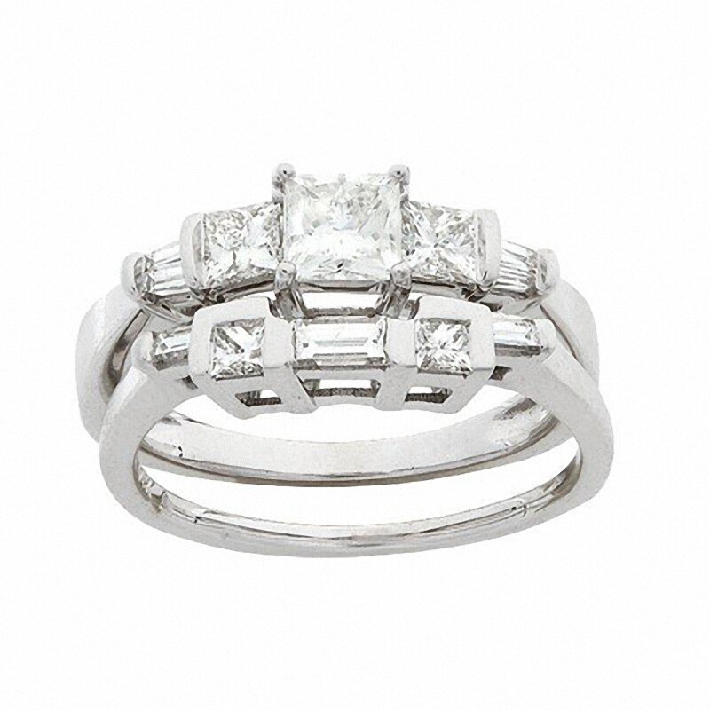 Main Image 2 of Previously Owned - 1 CT. T.W. Princess-Cut and Baguette Diamond Bridal Set in 14K White Gold