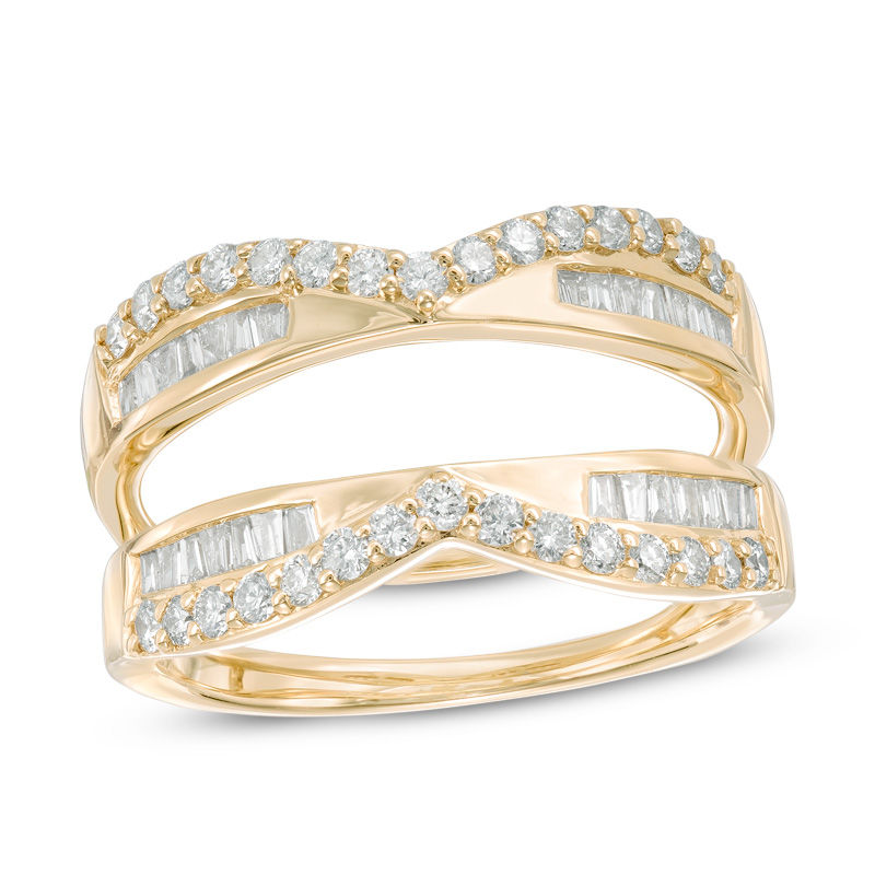 Main Image 1 of Previously Owned - 3/4 CT. T.W. Baguette and Round Diamond Chevron Solitaire Enhancer in 14K Gold