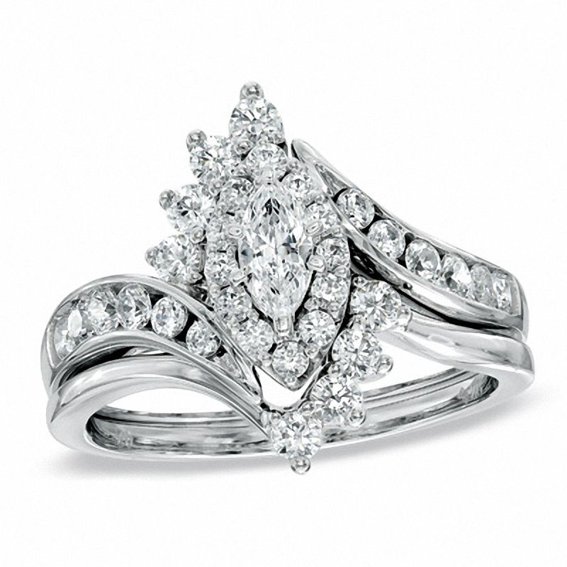 Main Image 1 of Previously Owned - 1 CT. T.W. Marquise Diamond Shadow Frame Bridal Set in 14K White Gold