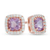 Previously Owned - 5.0mm Cushion-Cut Amethyst and Lab-Created White Sapphire Frame Stud Earrings in Sterling Silver and 14K Rose Gold Plate