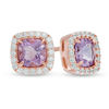 Thumbnail Image 0 of Previously Owned - 5.0mm Cushion-Cut Amethyst and Lab-Created White Sapphire Frame Stud Earrings in Sterling Silver and 14K Rose Gold Plate