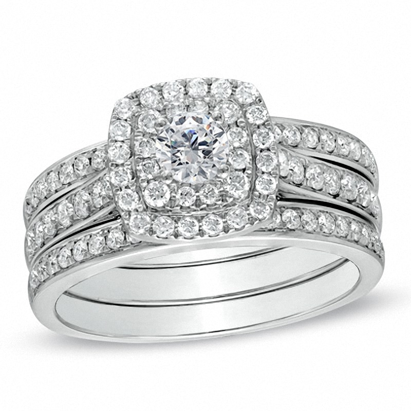 Previously Owned - 1 CT. T.W. Diamond Cushion-Shape Double Frame Bridal Set in 10K White Gold