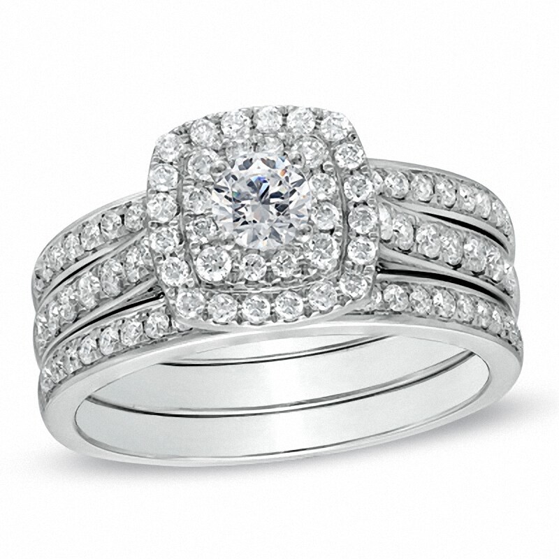 Previously Owned - 1 CT. T.W. Diamond Cushion-Shape Double Frame Bridal Set in 10K White Gold
