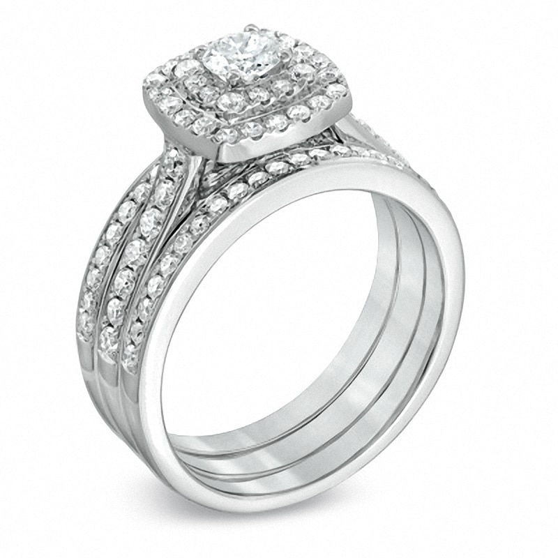 Previously Owned - 1 CT. T.W. Diamond Cushion-Shape Double Frame Bridal Set in 10K White Gold