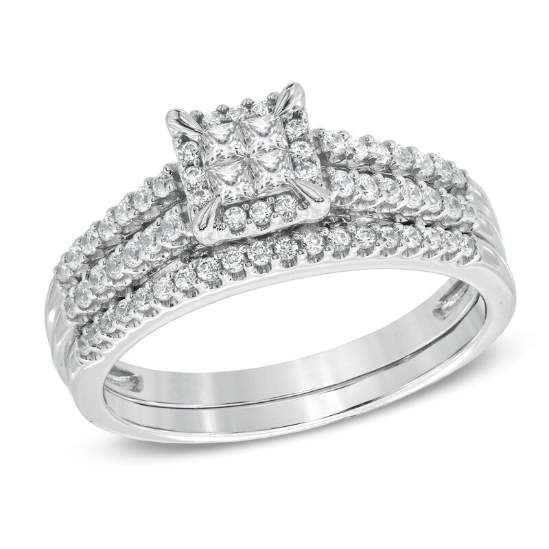 Main Image 1 of Previously Owned - 1/2 CT. T.W. Princess-Cut Quad Diamond Frame Bridal Set in 10K White Gold