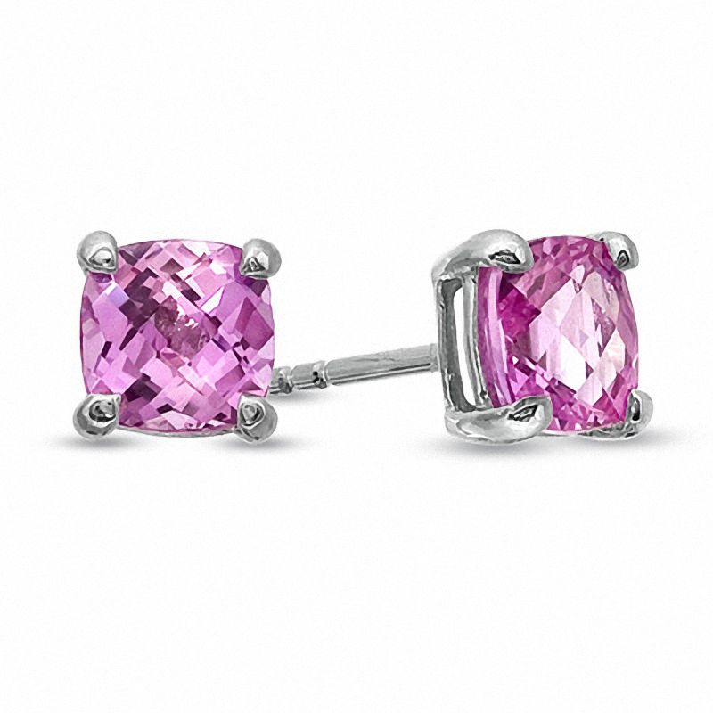 Previously Owned - 6.0mm Cushion-Cut Lab-Created Pink Sapphire Fashion Stud Earrings in 10K White Gold