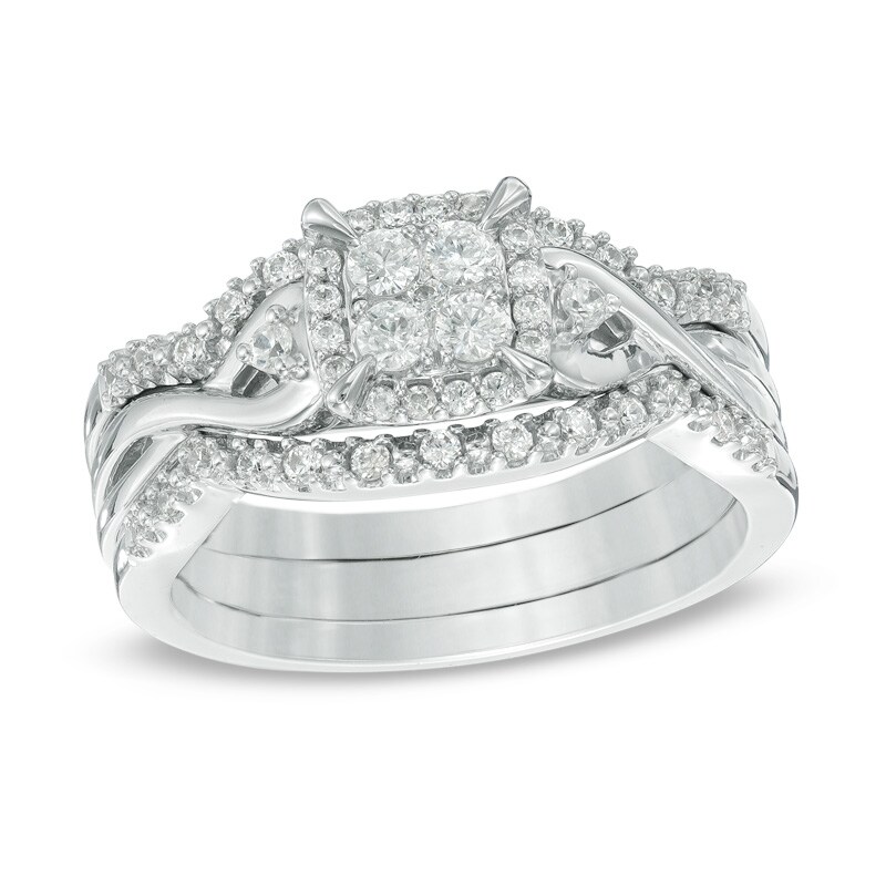 Main Image 1 of Previously Owned - 3/8 CT. T.W. Diamond Cluster Frame Three Piece Bridal Set in 10K White Gold