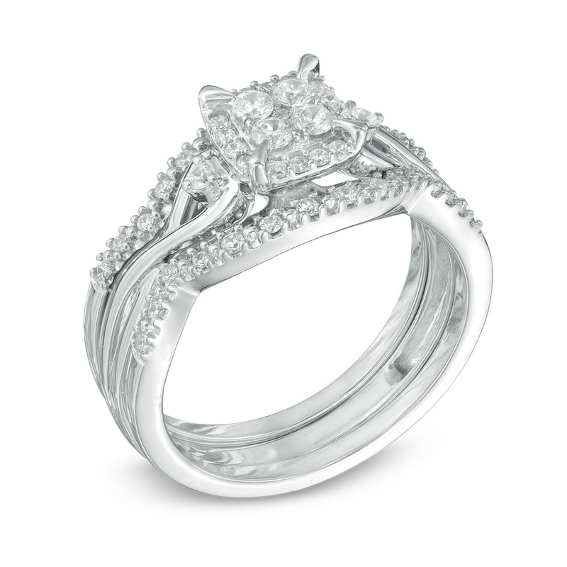 Main Image 2 of Previously Owned - 3/8 CT. T.W. Diamond Cluster Frame Three Piece Bridal Set in 10K White Gold
