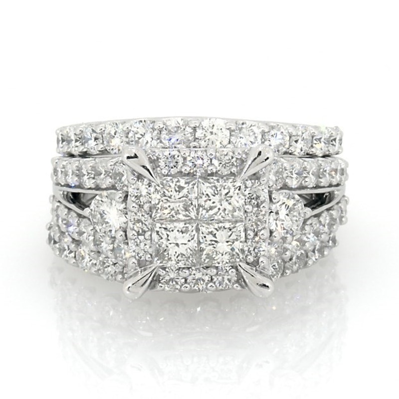 Main Image 1 of Previously Owned 4 CT. T.W. Quad Princess-Cut Diamond Frame Soldered Bridal Set in 14K White Gold