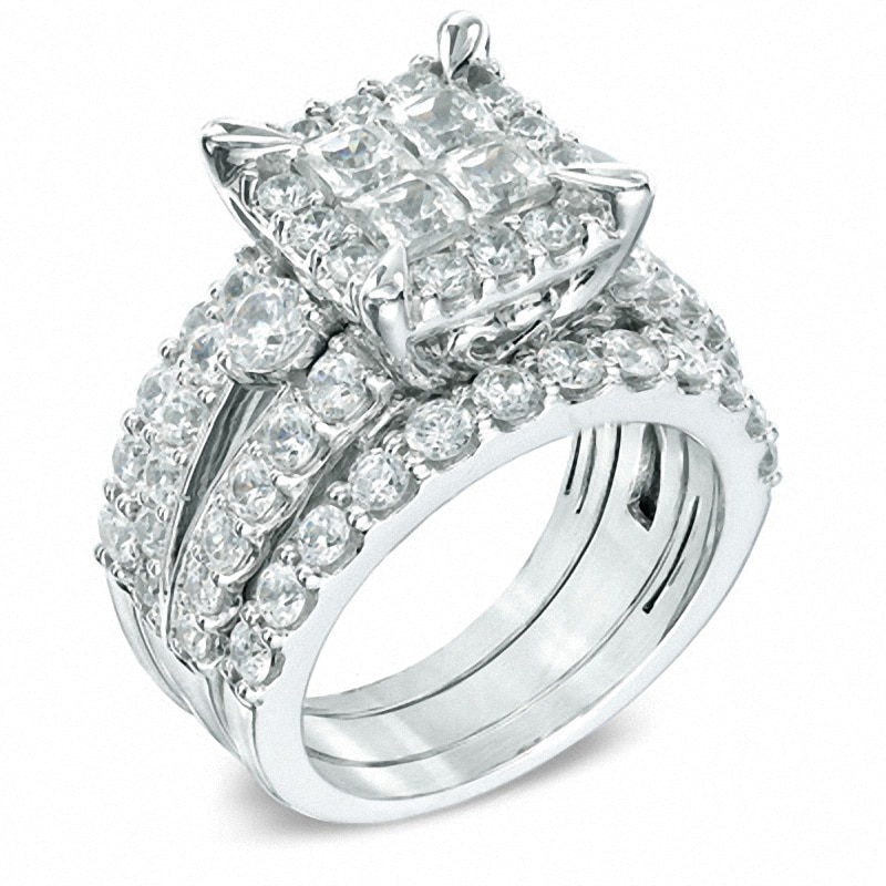 Main Image 2 of Previously Owned 4 CT. T.W. Quad Princess-Cut Diamond Frame Soldered Bridal Set in 14K White Gold