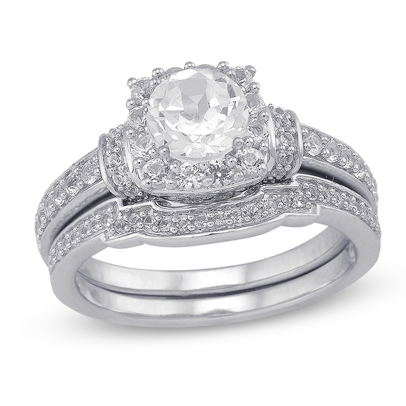 Main Image 1 of Previously Owned - 6.0mm Lab-Created White Sapphire Collar Bridal Set in Sterling Silver