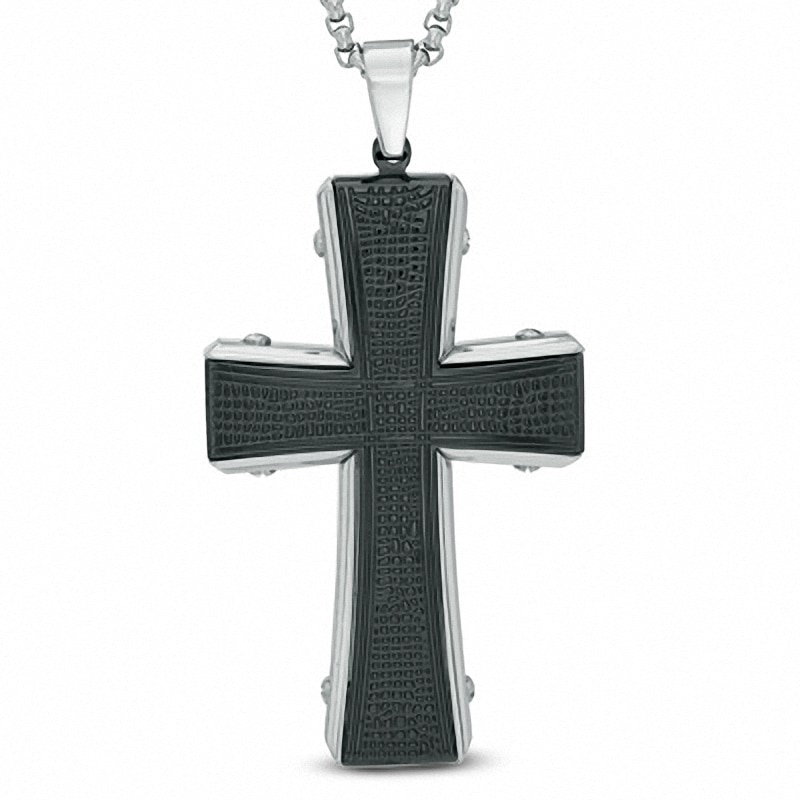 Main Image 1 of Previously Owned - Men's Textured Cross Pendant in Two-Tone Stainless Steel - 36"