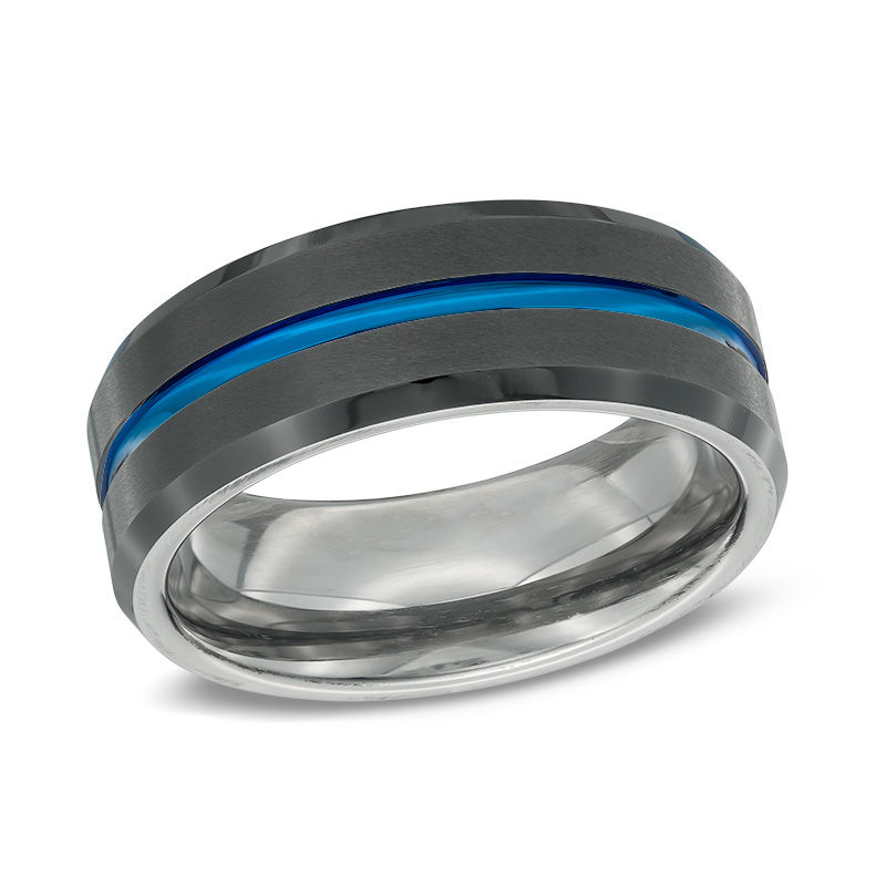 Main Image 1 of Previously Owned - 8.0mm Blue IP Center Stripe Wedding Band in Black IP Stainless Steel