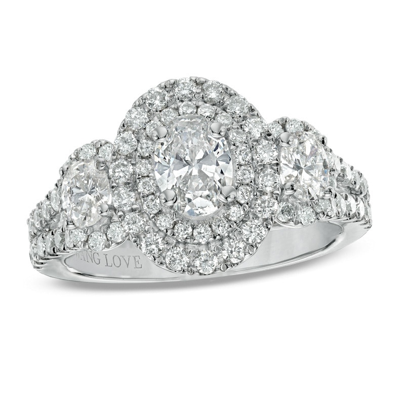 Main Image 1 of Previously Owned - Vera Wang Love Collection 1-1/2 CT. T.W. Oval Diamond Three Stone Engagement Ring in 14K White Gold