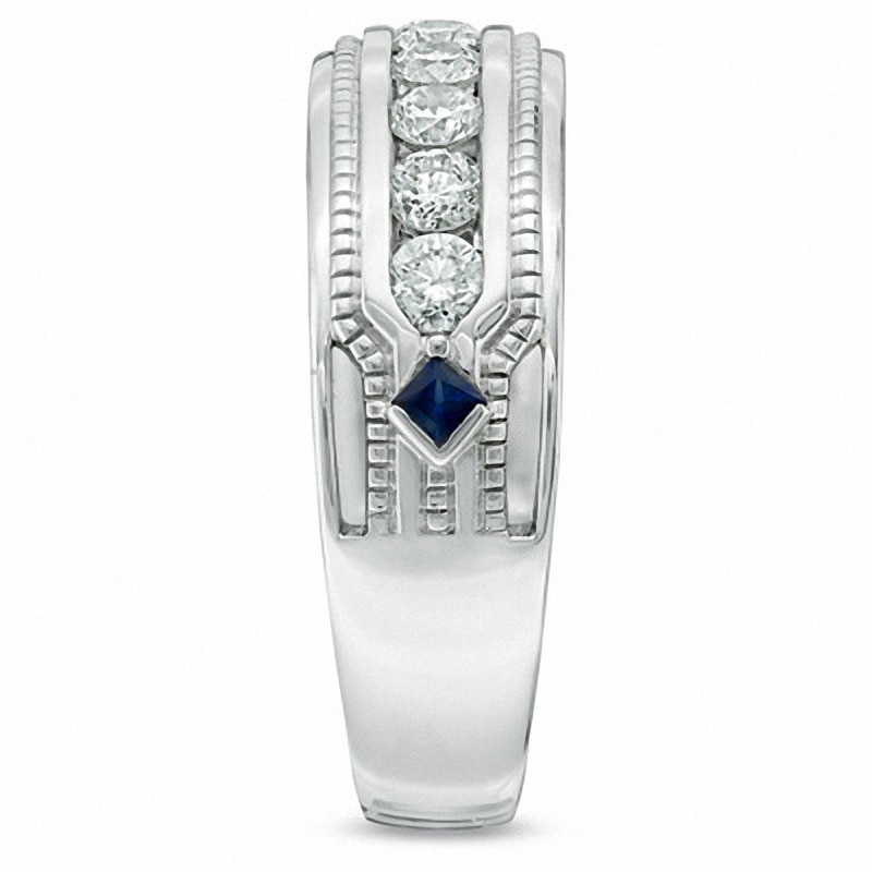 Main Image 3 of Previously Owned - Vera Wang Men's 1 CT. T.W. Diamond and Sapphire Wedding Band in 14K White Gold