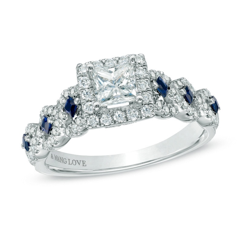 Previously Owned - Vera Wang Love Collection 1 CT. T.W. Diamond and Blue Sapphire Engagement Ring in 14K White Gold