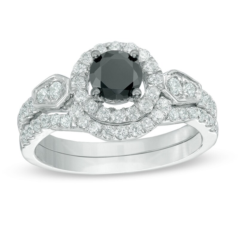 Main Image 1 of Previously Owned - 1-1/4 CT. T.W. Enhanced Black and White Diamond Frame Bridal Set in 10K White Gold