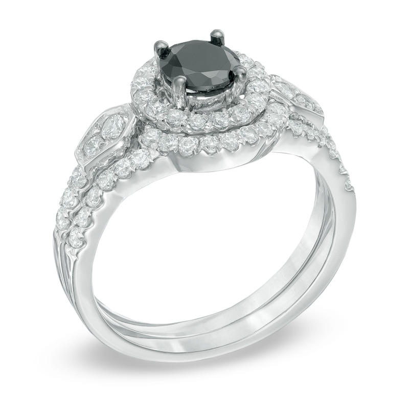 Main Image 2 of Previously Owned - 1-1/4 CT. T.W. Enhanced Black and White Diamond Frame Bridal Set in 10K White Gold