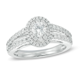 Previously Owned - 1 CT. T.W. Diamond Oval Double Frame Split Shank Engagement Ring in 14K White Gold