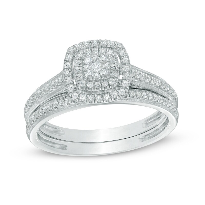 Main Image 1 of Previously Owned - 1/3 CT. T.W. Composite Diamond Double Square Frame Vintage-Style Bridal Set in 10K White Gold