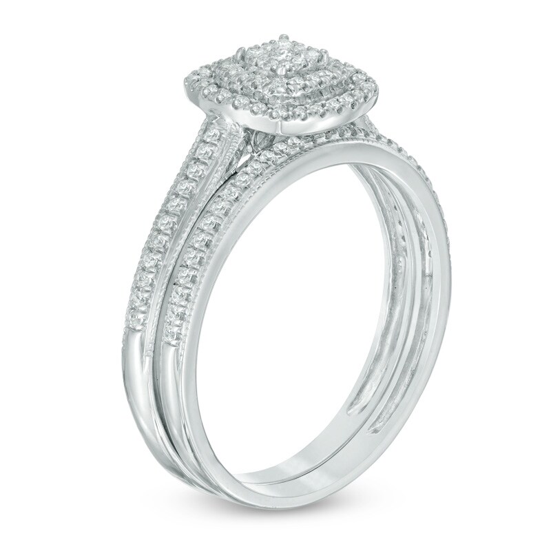 Main Image 2 of Previously Owned - 1/3 CT. T.W. Composite Diamond Double Square Frame Vintage-Style Bridal Set in 10K White Gold