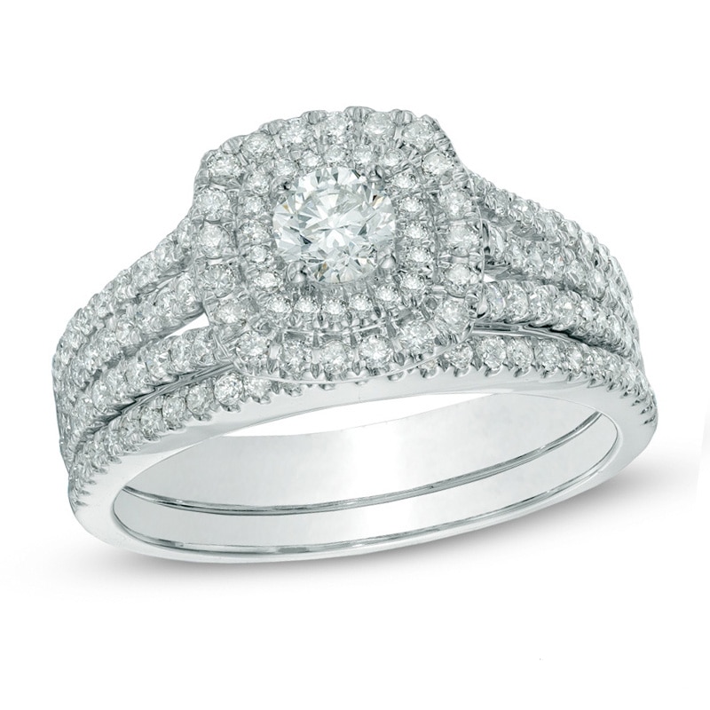 Main Image 1 of Previously Owned - 1 CT. T.W. Diamond Double Frame Bridal Set in 14K White Gold (I/I2)