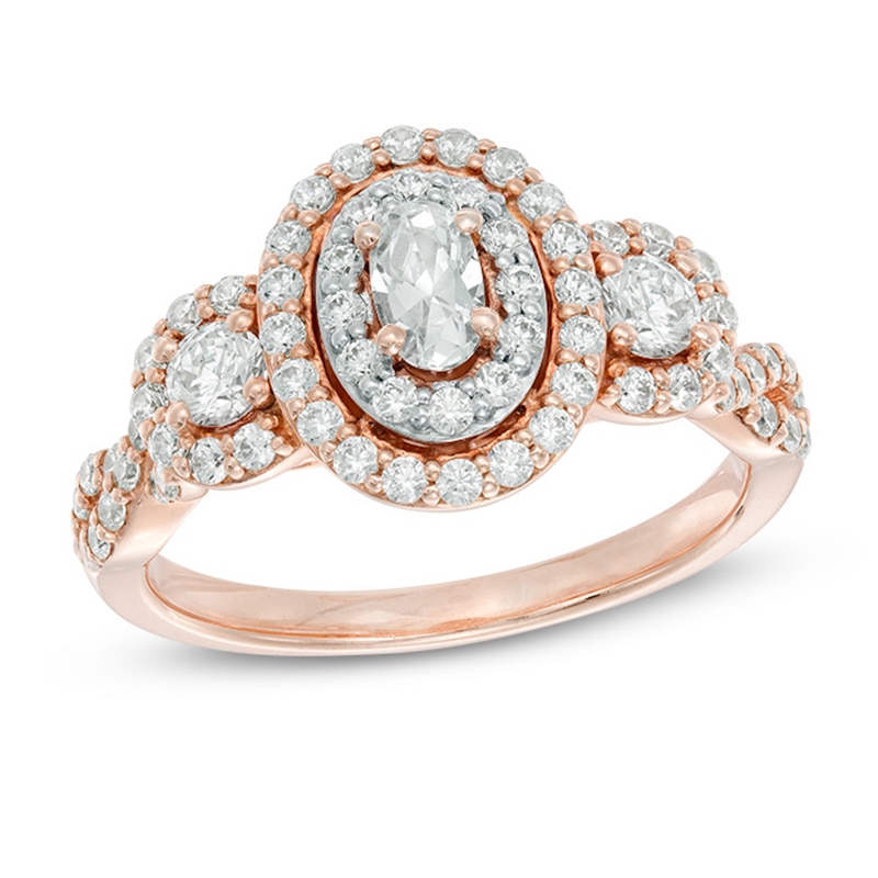 Main Image 1 of Previously Owned - 1 CT. T.W. Oval Diamond Frame Past Present Future® Engagement Ring in 14K Rose Gold